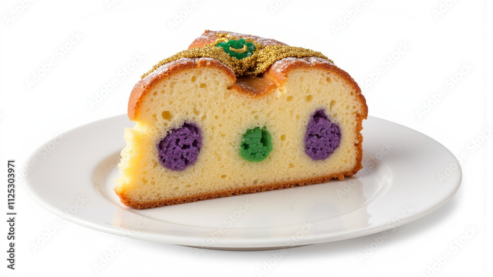 Slice of king cake with colorful filling and festive decorations on a white plate Slice of king cake with colorful filling and festive decorations on a white plate