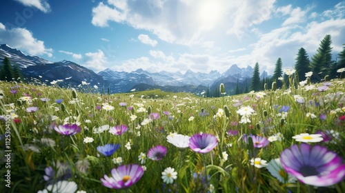 A photo of a field of wildflowers in a mountain