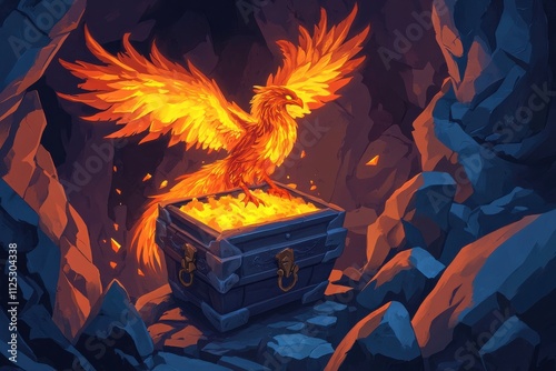 A Glowing Phoenix Perched on a Treasure Chest Illuminating a Dark Cave with Fiery Aura and Dramatic Stalactites Surrounding the Scene