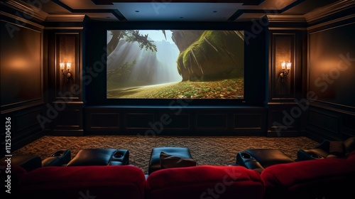 A photo of a home theater room with a projector