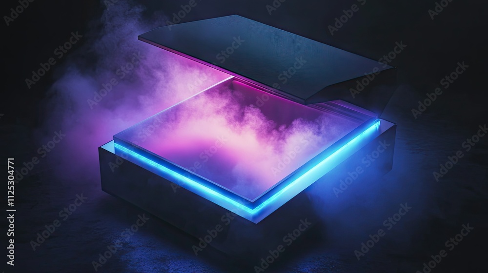 A sleek modern box releasing a holographic glow and smoke as it opens A sleek modern box releasing a holographic glow and smoke as it opens
