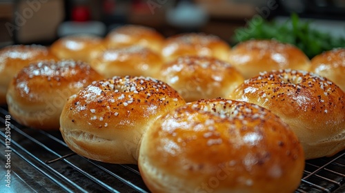 A tray of freshly baked bagels rests on a wire rack in a warm kitchen. The golden-brown bagels are topped with sesame seeds and poppy seeds, creating an inviting breakfast atmosphere. photo