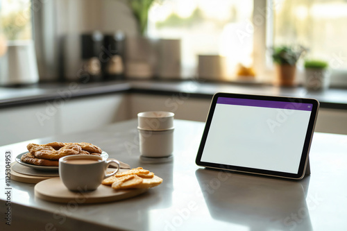 Modern kitchen counter displaying a tablet showing a food delivery app, with coffee, biscuits, and rusks enjoying the morning light