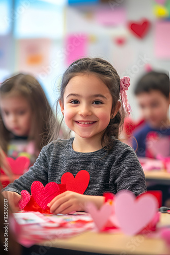 Smiling girl crafting paper hearts in a classroom decorated for Valentine's Day