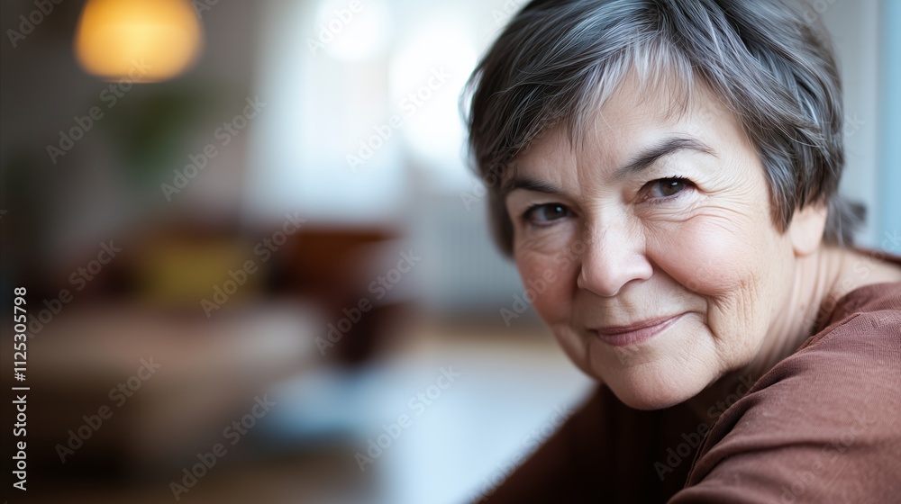 Woman with grey hair is sitting in a living room Woman with grey hair is sitting in a living room