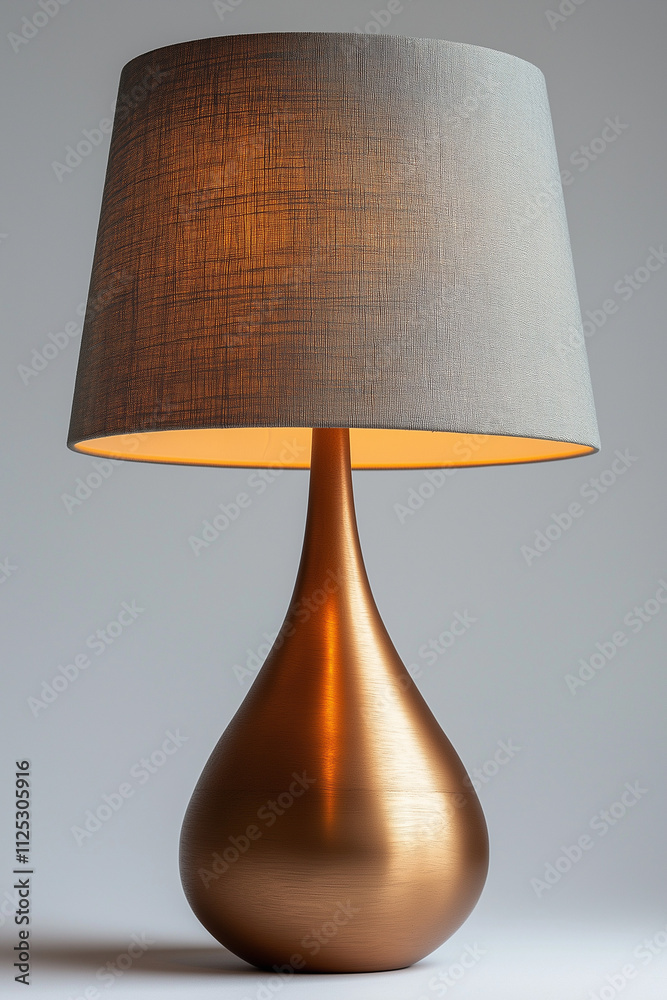 Fototapeta premium Photographie studio d'une lampe à poser moderne avec base en laiton épuré et abat-jour en tissu, design minimaliste sur fond blanc