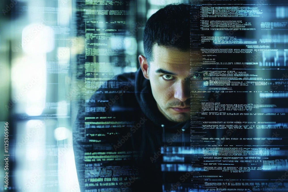 Focus, man and programmer with hologram, code and futuristic with cyber security, digital software and data analytics