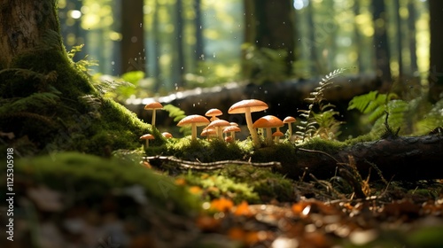 A photo of a forest clearing with wild mushrooms