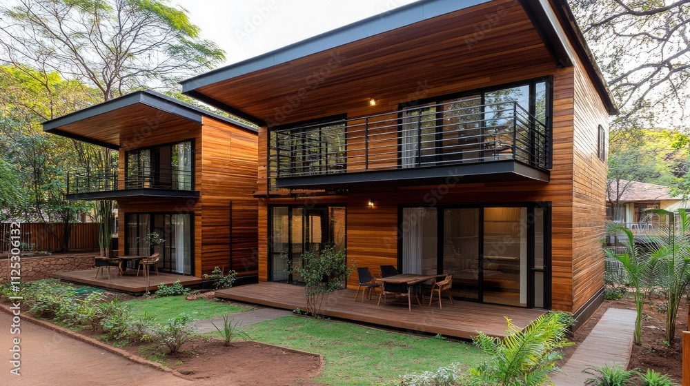 This charming two-story house features a three-front roof and is set amidst lush greenery in a quiet residential area This charming two-story house features a three-front roof and is set amidst lush greenery in a quiet residential area