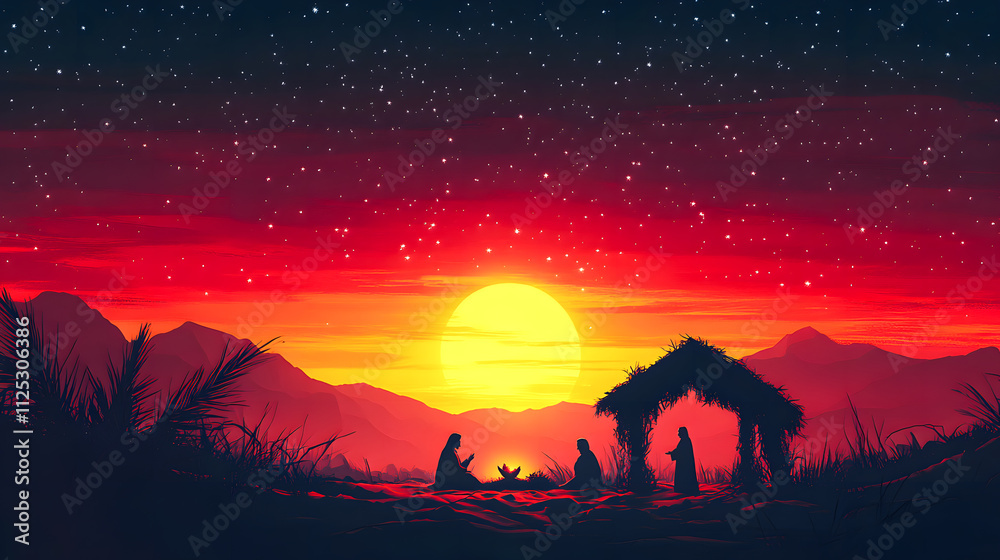 Fototapeta premium minimalist painting representing Nativity scene in Bethlehem. Christmas scene illustration showing holy family baby Jesus in the manger Joseph and Mary. Banner.