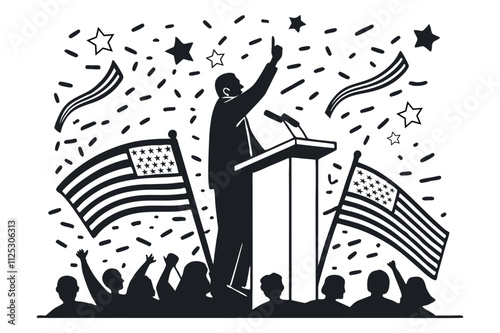 political rally with speaker and american flags
