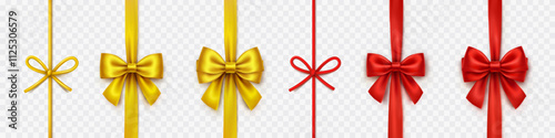 Bow set isolated on transparent background. Vector Christmas red and gold satin ribbons, strings, cords with shadow, xmas wrap elements template