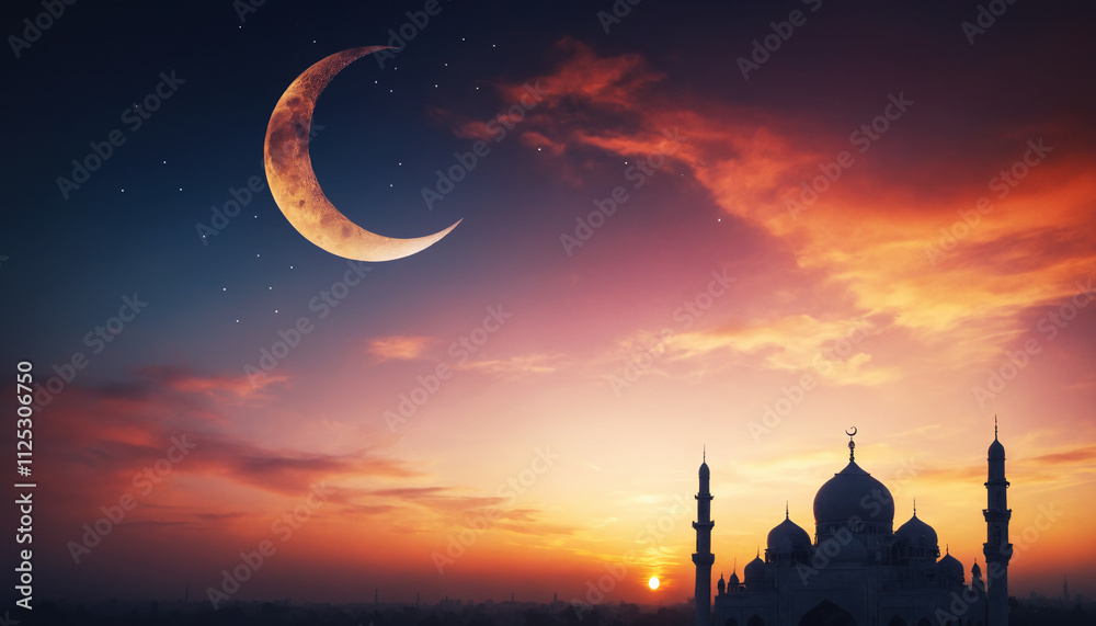 Obraz premium mosque at sunset moon ramadan
