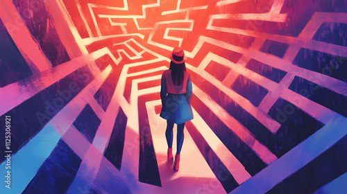 Woman stuck in a maze labyrinth illustration generative ai. Labyrinth. Illustration