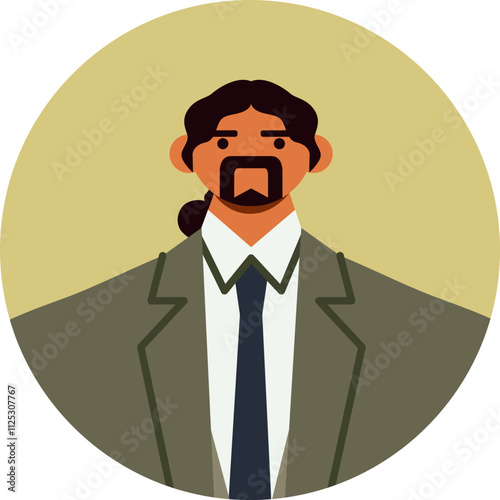 Portrait of a businessman wearing a suit and tie, featuring long dark hair styled in a ponytail and a distinctive goatee, conveying professionalism and individual style