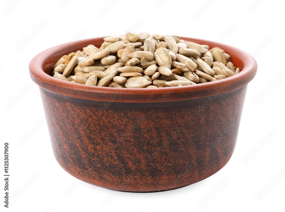 Peeled sunflower seeds in bowl isolated on white Peeled sunflower seeds in bowl isolated on white
