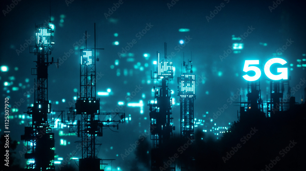 Fototapeta premium Urban skyline illuminated by 5G technology showcasing a vibrant city at night with futuristic elements and bright lights.