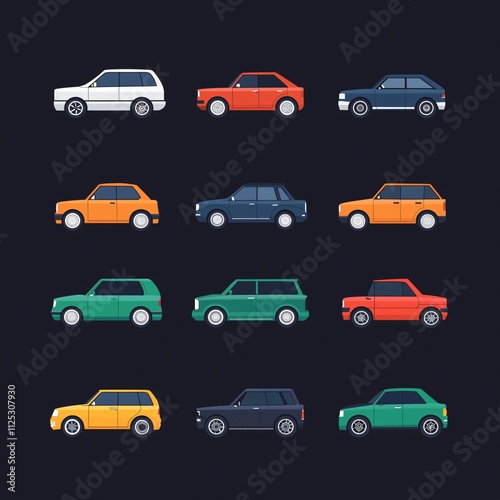 Collection of nine various car body style icons featuring popular automobiles in a colorful flat design