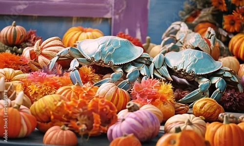 Autumn mockup with blue crabs and leaves, pumpkin and rustic decor