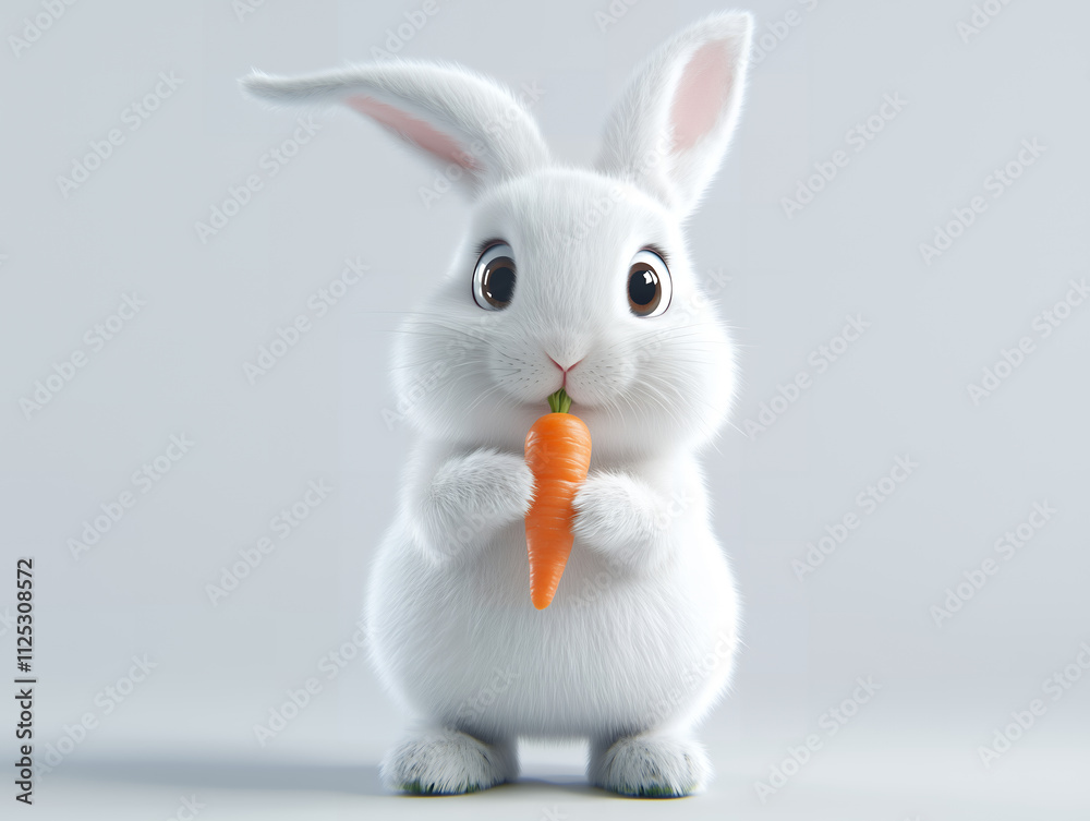 Fluffy White Rabbit with Carrot, Cute Cartoon Bunny Illustration Fluffy White Rabbit with Carrot, Cute Cartoon Bunny Illustration
