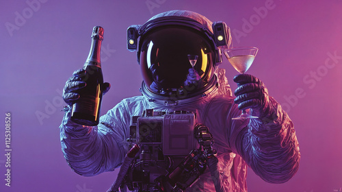 an astronaut holding a champagne bottle and a filled cocktail glass, with a reflective visor that captures the lighting of the scene. photo