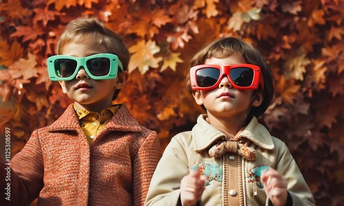 Cheerful kids in autumn clothes with vintage style glasses photo