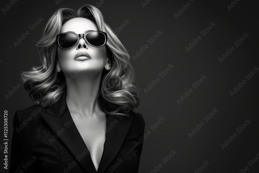 Elegant black and white portrait of a beautiful young woman in a deep v neck jacket and sunglasses Elegant black and white portrait of a beautiful young woman in a deep v neck jacket and sunglasses