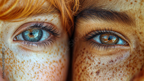 The image shows two close-up views of human eyes, with one eye having blue irises and the other having hazel irises. Both eyes have long eyelashes and are framed by skin with a scattering of freckles photo