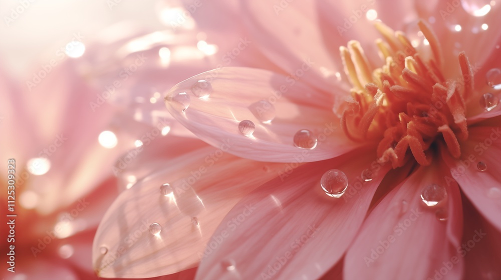 Close-up of dew on petals, light background, space in the center, Hard Light,generative ai illustration Close-up of dew on petals, light background, space in the center, Hard Light,generative ai illustration