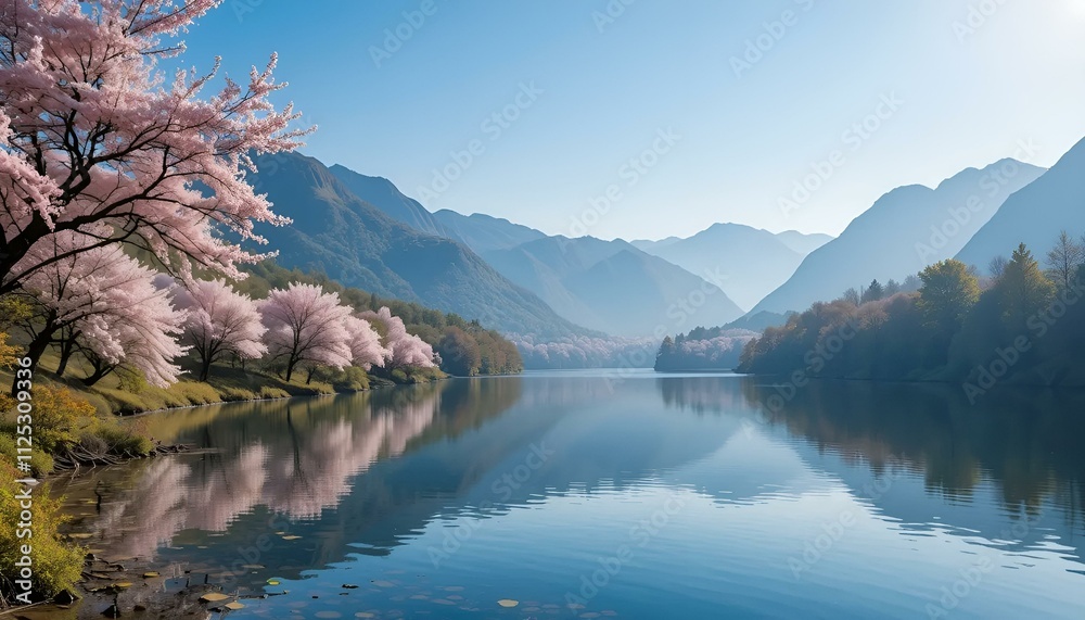 Nature awakening in spring with cherry blossom trees by the tranquil lake and majestic mountains in the background Nature awakening in spring with cherry blossom trees by the tranquil lake and majestic mountains in the background