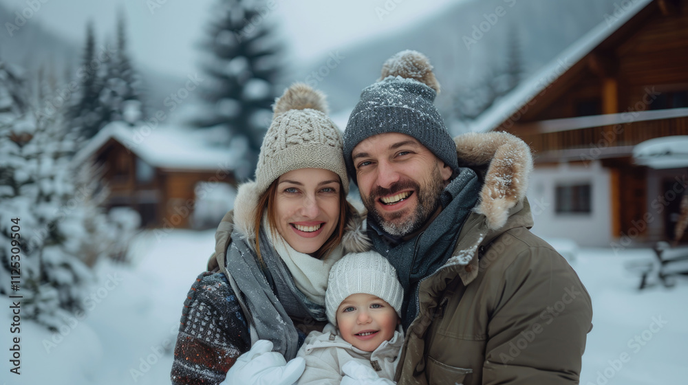 family on vacation in winter against the background of a snow-covered house, close-up family on vacation in winter against the background of a snow-covered house, close-up
