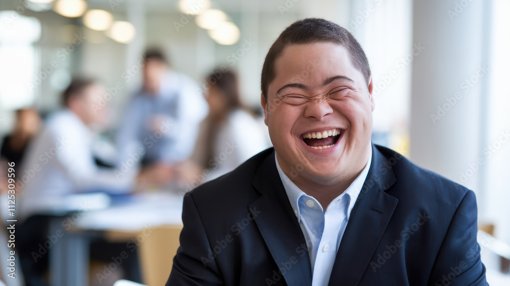 A joyful East Asian male with Down syndrome smiles brightly while seated in a modern office setting, embodying positivity and approachability. A joyful East Asian male with Down syndrome smiles brightly while seated in a modern office setting, embodying positivity and approachability.