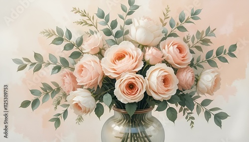 Elegant watercolor bouquet of soft peach roses with greenery in a glass vase on pastel background