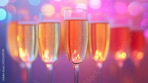 Banner of festive glasses of champagne on light bokeh background