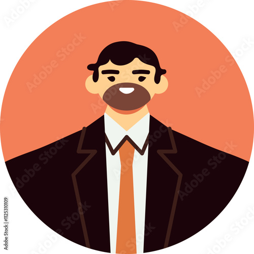 Portrait of a smiling businessman with a beard, wearing a suit and tie, presented in a circular frame against a vibrant orange backdrop, conveying professionalism and approachability