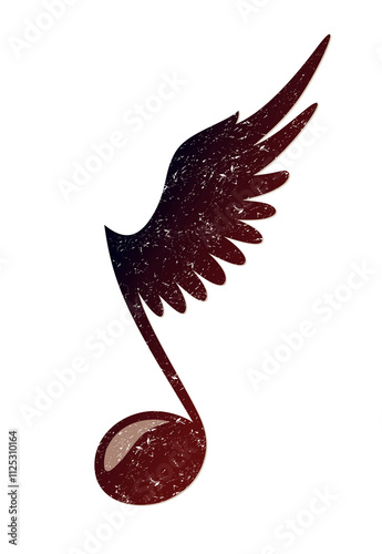 Stylized symbol of a musical note with wings.