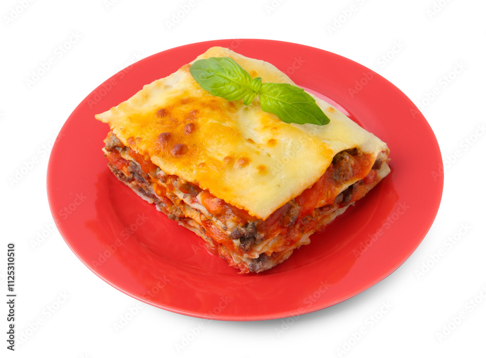 Piece of delicious cooked lasagna with basil isolated on white Piece of delicious cooked lasagna with basil isolated on white