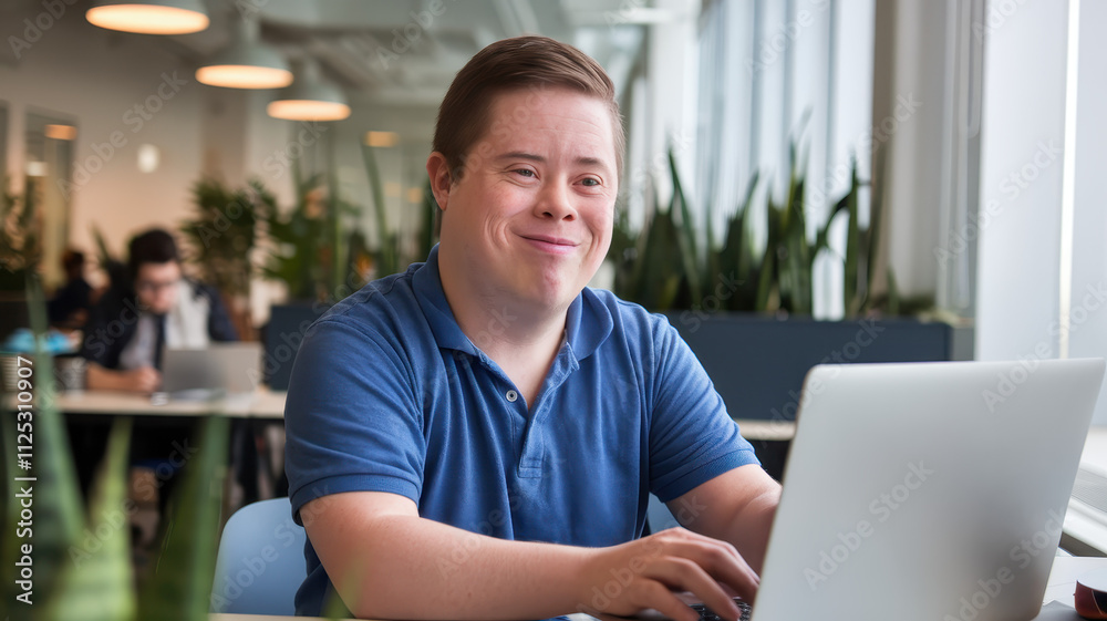 Smiling young man with Down syndrome working on a laptop in a bright, modern office filled with plants, showcasing a positive and engaging atmosphere. Smiling young man with Down syndrome working on a laptop in a bright, modern office filled with plants, showcasing a positive and engaging atmosphere.