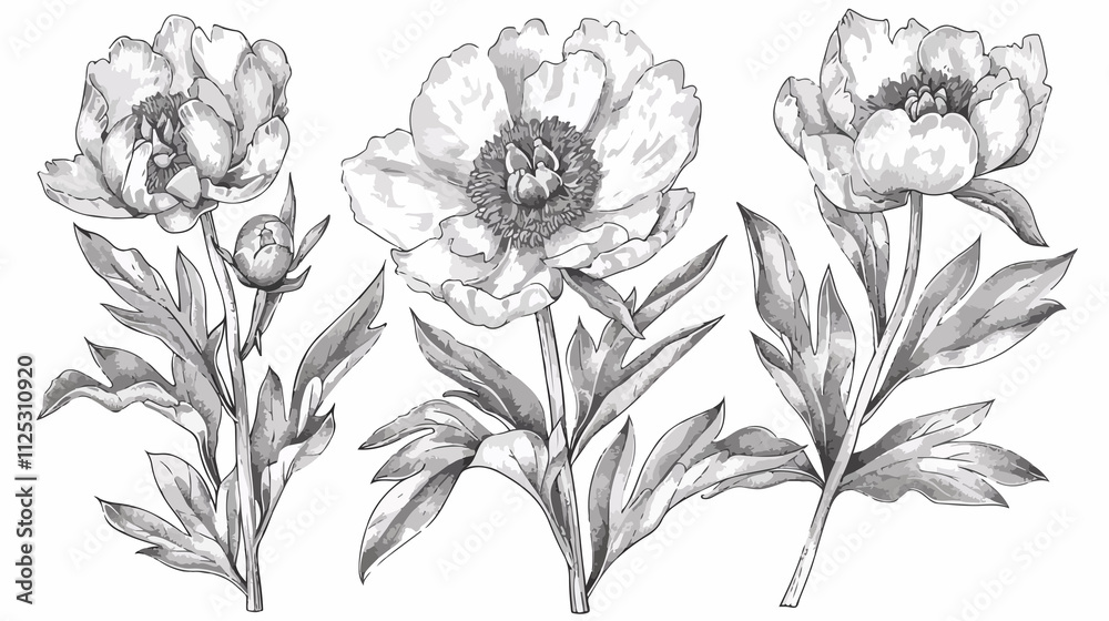 Detailed Vector Set of Peony Flowers and Leaves Ink Drawings
