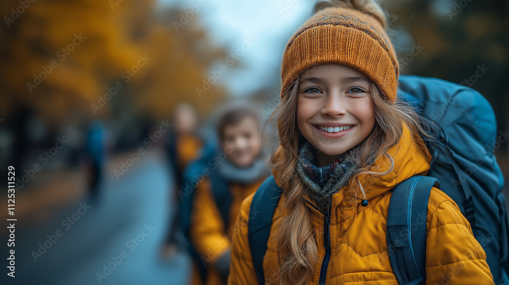 Smiling Girl on Autumn Hike: A young girl with a bright smile and a backpack, leading the way on an autumn hike, her cheerful expression captures the joy of exploration and the beauty of nature. Smiling Girl on Autumn Hike: A young girl with a bright smile and a backpack, leading the way on an autumn hike, her cheerful expression captures the joy of exploration and the beauty of nature.