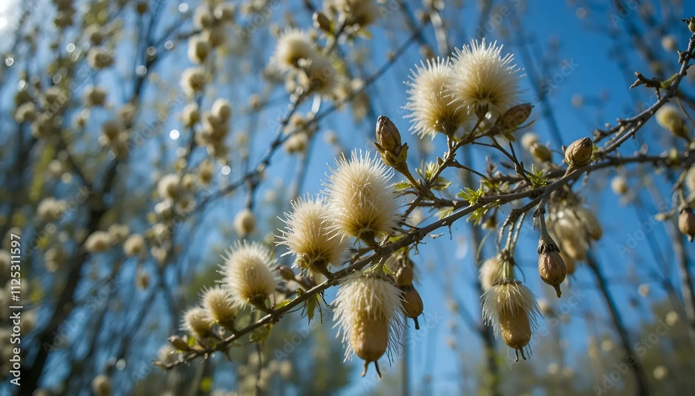 Spring blossoms with fluffy catkins against a bright blue sky in a creative composition Spring blossoms with fluffy catkins against a bright blue sky in a creative composition