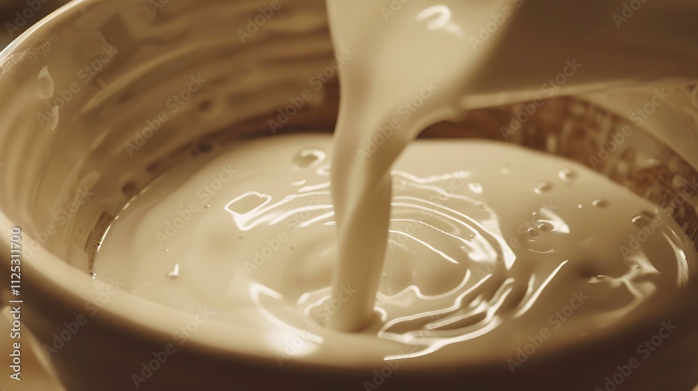 A close-up of a hand pouring milk into a coffee cup, creating latte art A close-up of a hand pouring milk into a coffee cup, creating latte art