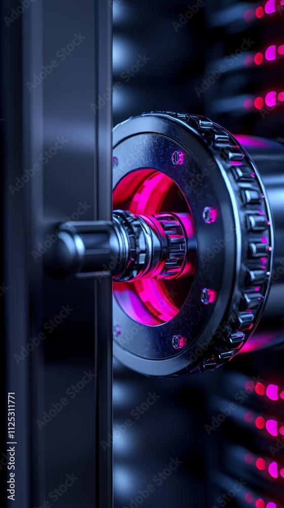 Fototapeta premium A close-up view of a metallic dial with vibrant pink lighting, suggesting themes of security and technology.