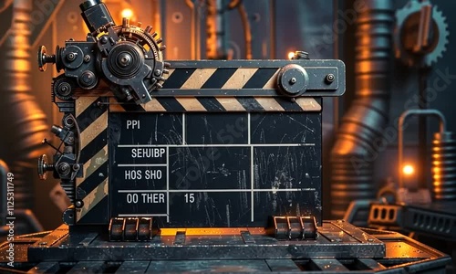 Steampunk-inspired clapperboard with gears for cinematic vibes photo