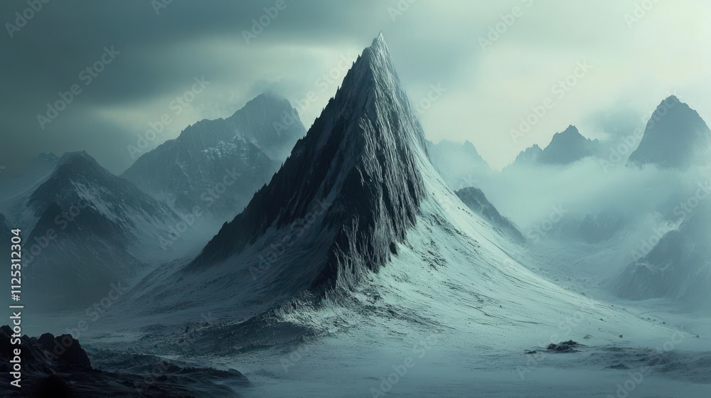 Fototapeta premium Majestic snow-capped peak in a misty mountain range.