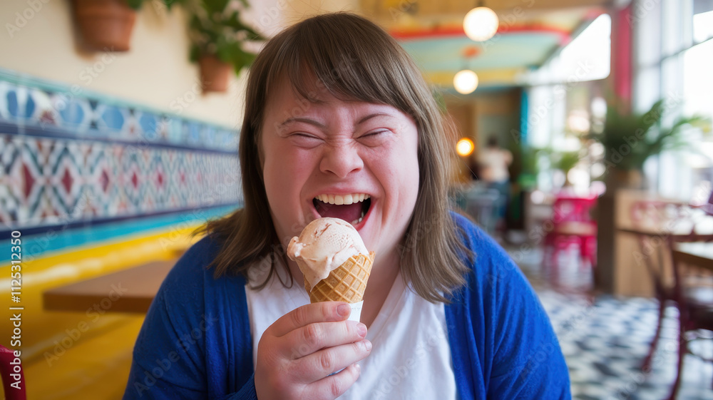 A joyful young woman with Down syndrome, laughing while enjoying a delicious ice cream cone in a vibrant café setting. A joyful young woman with Down syndrome, laughing while enjoying a delicious ice cream cone in a vibrant café setting.