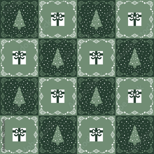 Seamless Pattern. Christmas Tree, Snow falling , Gift. Colors Green and White.