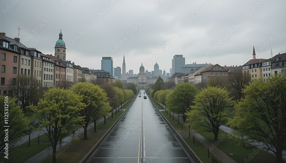 Obraz premium Gloomy cityscape with wet streets lined by trees on a rainy day