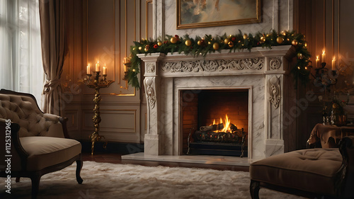 Cozy Christmas fireplace scene in a classic living room with armchairs, candles, and a garland.