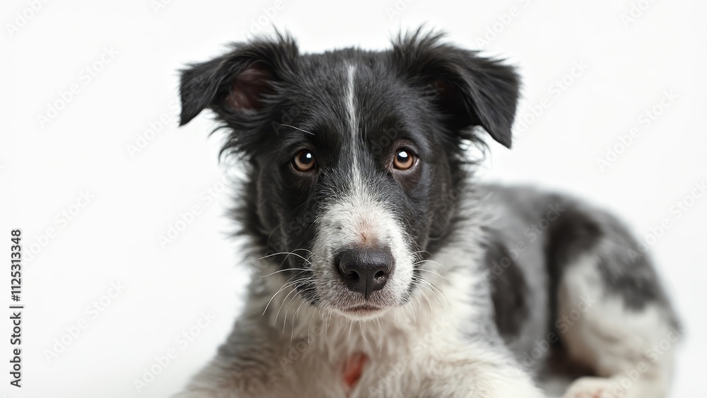 A black and white dog laying down on a white surface A black and white dog laying down on a white surface